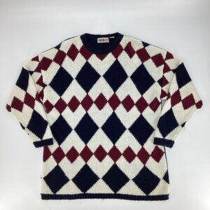 Vintage Eve LTD Women’s Argyle Diamond Hearts Tight Knit Blue Red White Sz XL